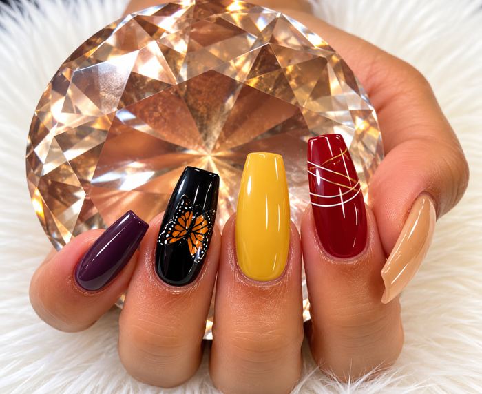 Burgundy, gold and autumn nail art at Showanda’s Nail Bar