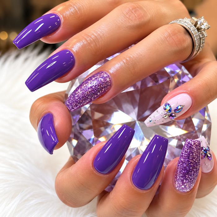Purple glitter and illustrated nail design at Showanda’s Nail Bar